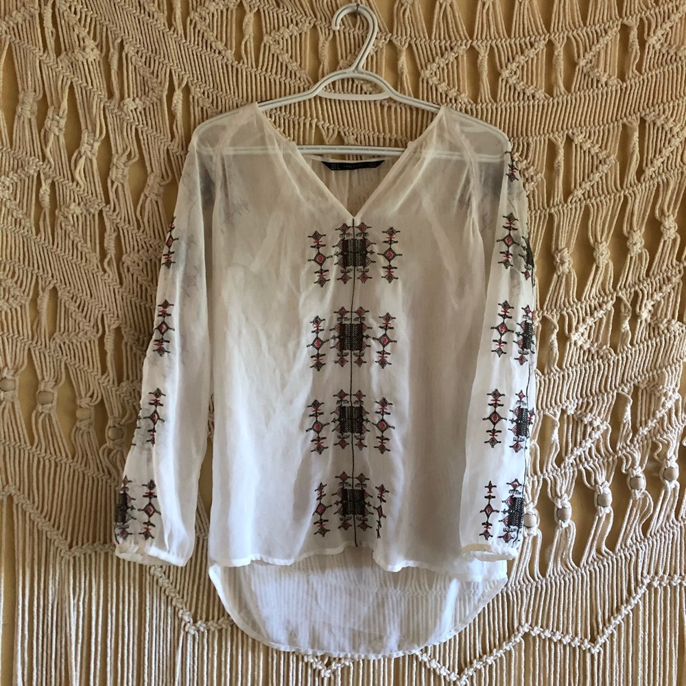 Zara Embroidered top sheer gauze bohemian goddess